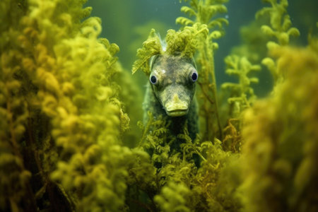 a camouflaged seahorse hiding among sea plants, created with generative aiの素材