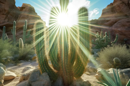 sunlight filtering through the arms of an organ pipe cactus, created with generative aiの素材