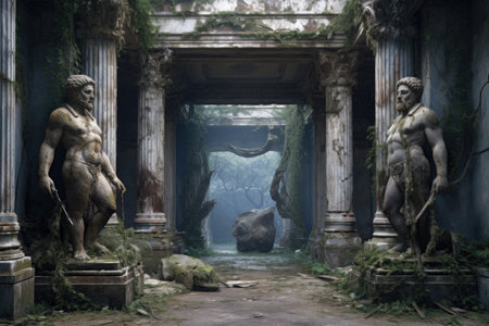 time-worn statues guarding the entrance to a forgotten city, created with generative aiの素材