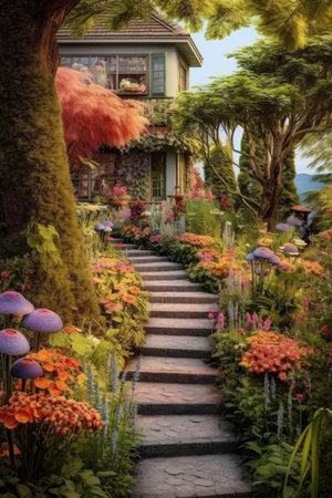 beautiful garden with colorful flowers and pathways, created with generative aiの素材