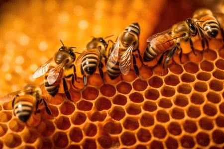 close-up of bees on honeycomb in beehive, created with generative aiの素材
