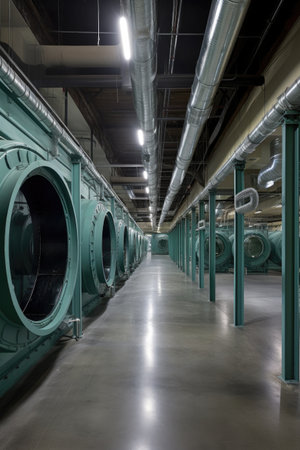 industrial air ducts in a warehouse setting, created with generative aiの素材