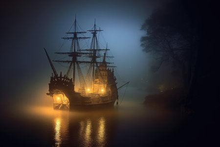 ghostly pirate ship sailing through a dense fog at night, created with generative aiの素材