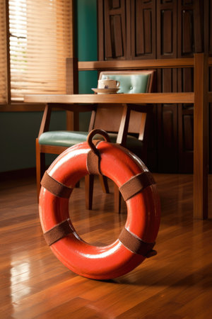 lifebuoy on a wooden desk representing safety and insurance, created with generative aiの素材