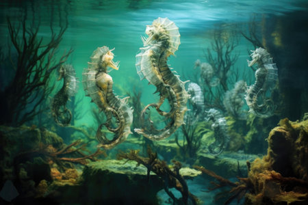 a group of seahorses floating in a sunlit underwater scene, created with generative aiの素材