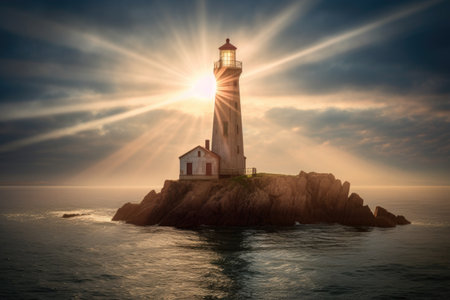 historic lighthouse casting a beam of light over the ocean, created with generative aiの素材