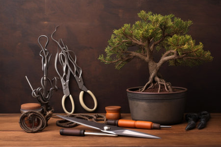 bonsai tree pruning tools and wire on a wooden surface, created with generative aiの素材