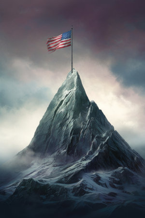 a mountain peak with a flag at the summit, created with generative aiの素材