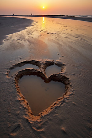 melting heart-shaped ice on a warm sand beach, created with generative aiの素材