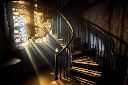 spiral staircase with elaborate shadows and light play, created with generative aiの素材