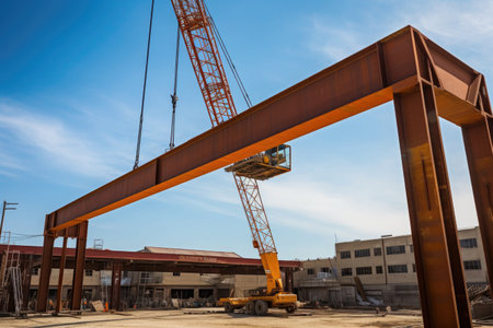 crane lifting steel beams for building construction, created with generative aiの素材