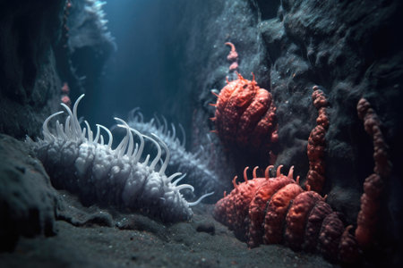 a close-up of a unique deep-sea worm species on a hydrothermal vent, created with generative aiの素材