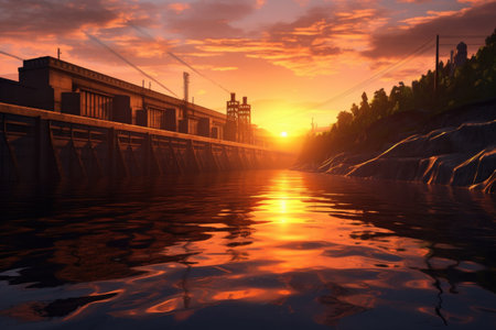 hydroelectric dam at sunset with calm water, created with generative aiの素材