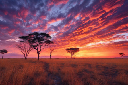sunset over acacia trees and vast grasslands, created with generative aiの素材
