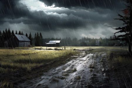 rain-soaked ground with stormy skies in the background, created with generative aiの素材