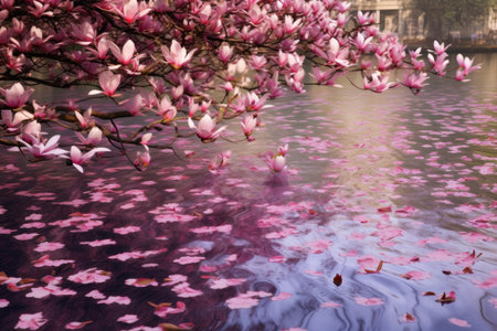 magnolia petals falling onto a pond surface, created with generative aiの素材