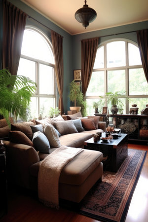 cozy living room with modern furniture arrangement, created with generative aiの素材