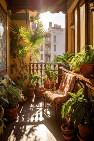 sunlit balcony with potted plants and outdoor seating, created with generative aiの素材