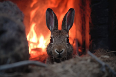 close-up of a scared rabbits face near the fire, created with generative aiの素材