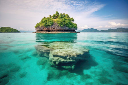 volcanic island surrounded by turquoise ocean waters, created with generative aiの素材