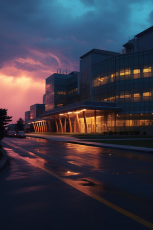 hospital exterior with modern architecture at dusk, created with generative aiの素材