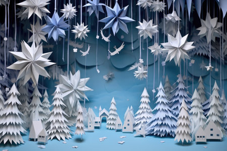 winter landscape with origami snowflakes hanging, created with generative aiの素材