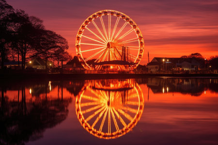 glowing ferris wheel reflected in water, created with generative aiの素材