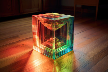light refracting through prismatic glass cube, created with generative aiの素材