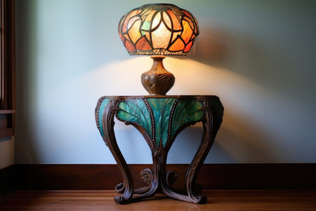 art nouveau stained glass lamp on an antique side table, created with generative aiの素材