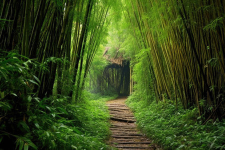 pathway through lush bamboo grove, created with generative aiの素材