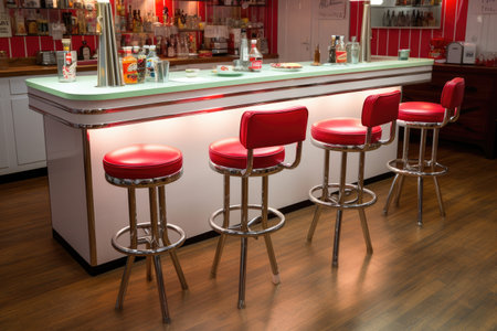 classic american diner counter with bar stools, created with generative aiの素材