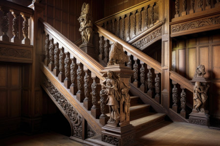 wooden staircase with carved newel posts, created with generative aiの素材