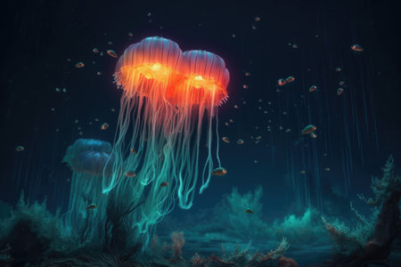 glowing jellyfish floating near a coral reef at night, created with generative aiの素材