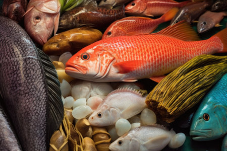 close-up of fresh fish with price tags, created with generative aiの素材