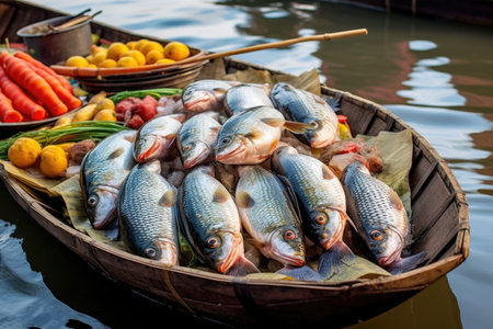 freshly caught fish displayed on ice in a boat at floating market, created with generative aiの素材