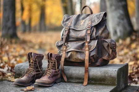 aged leather boots near a travelers backpack outdoors, created with generative aiの素材