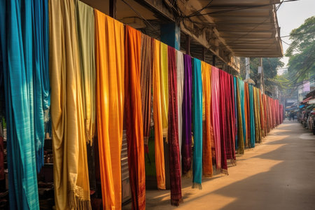 silk sarees hanging in a row at a market, created with generative aiの素材