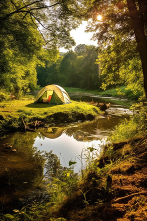 tent pitched at a peaceful campsite in nature, created with generative aiの素材
