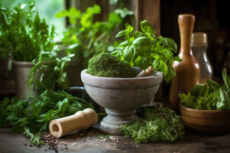 fresh herbs in a mortar and pestle for grinding, created with generative aiの素材