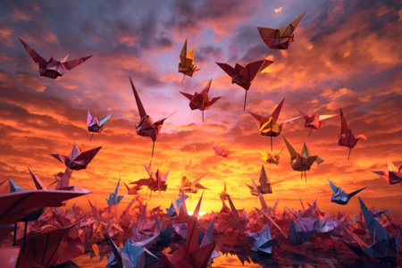 origami birds in flight against a sunset sky, created with generative aiの素材