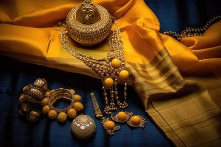 silk saree with traditional gold jewelry and accessories, created with generative aiの素材