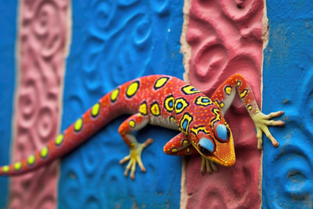 gecko with vibrant patterns climbing a wall, created with generative aiの素材