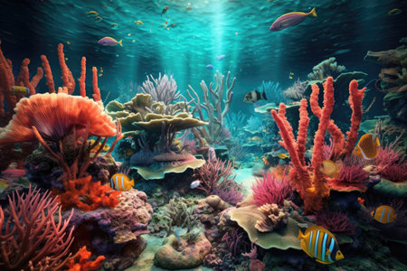 vibrant coral reef ecosystem with various deep-sea species, created with generative aiの素材