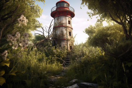 abandoned lighthouse with overgrown vegetation around it, created with generative aiの素材