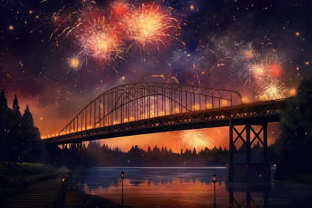 fireworks display over a bridge or landmark at night, created with generative aiの素材