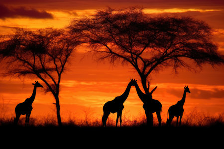 giraffe silhouettes grazing in the sunset savannah, created with generative aiの素材