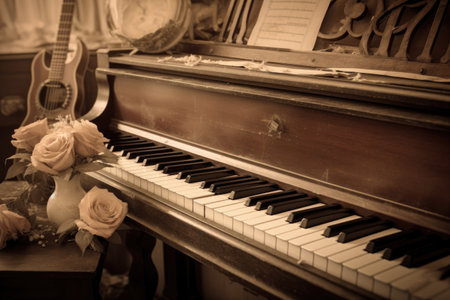 piano keys with a vintage feel and sepia tone, created with generative aiの素材