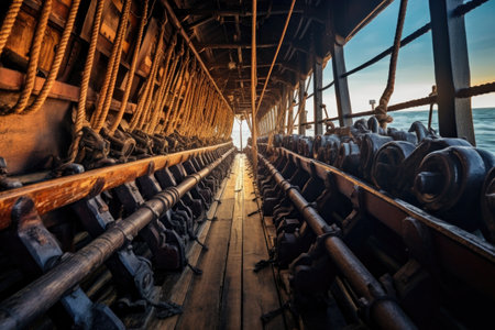 cannon row on deck of an old pirate ship, created with generative aiの素材