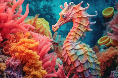close-up of a colorful seahorse on vibrant coral reef, created with generative aiの素材