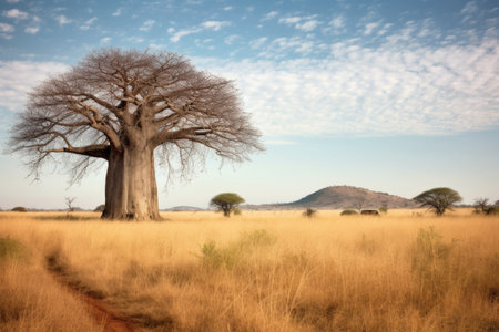 an isolated baobab tree standing tall in the savanna, created with generative aiの素材